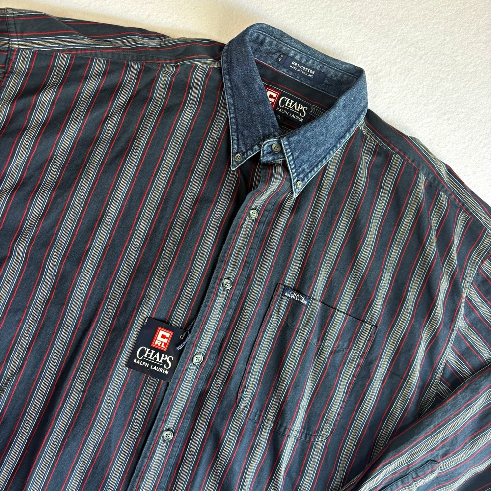 VTG 90s Chaps Ralph Lauren Shirt NWT Deadstock Striped Denim Collar Men's XL